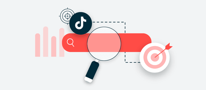 Illustration of TikTok logo with search magnifying glass, target icon, and pink graph bars representing social media analytics